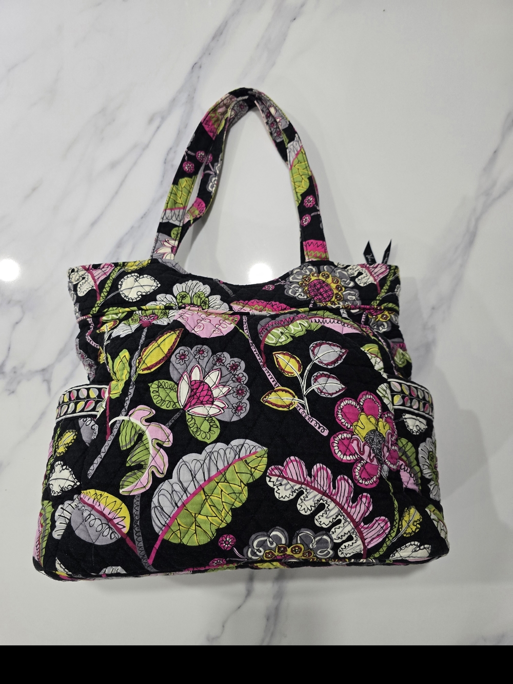 Vera Bradley Black Quilted Tote with Pink and Lime Floral Print